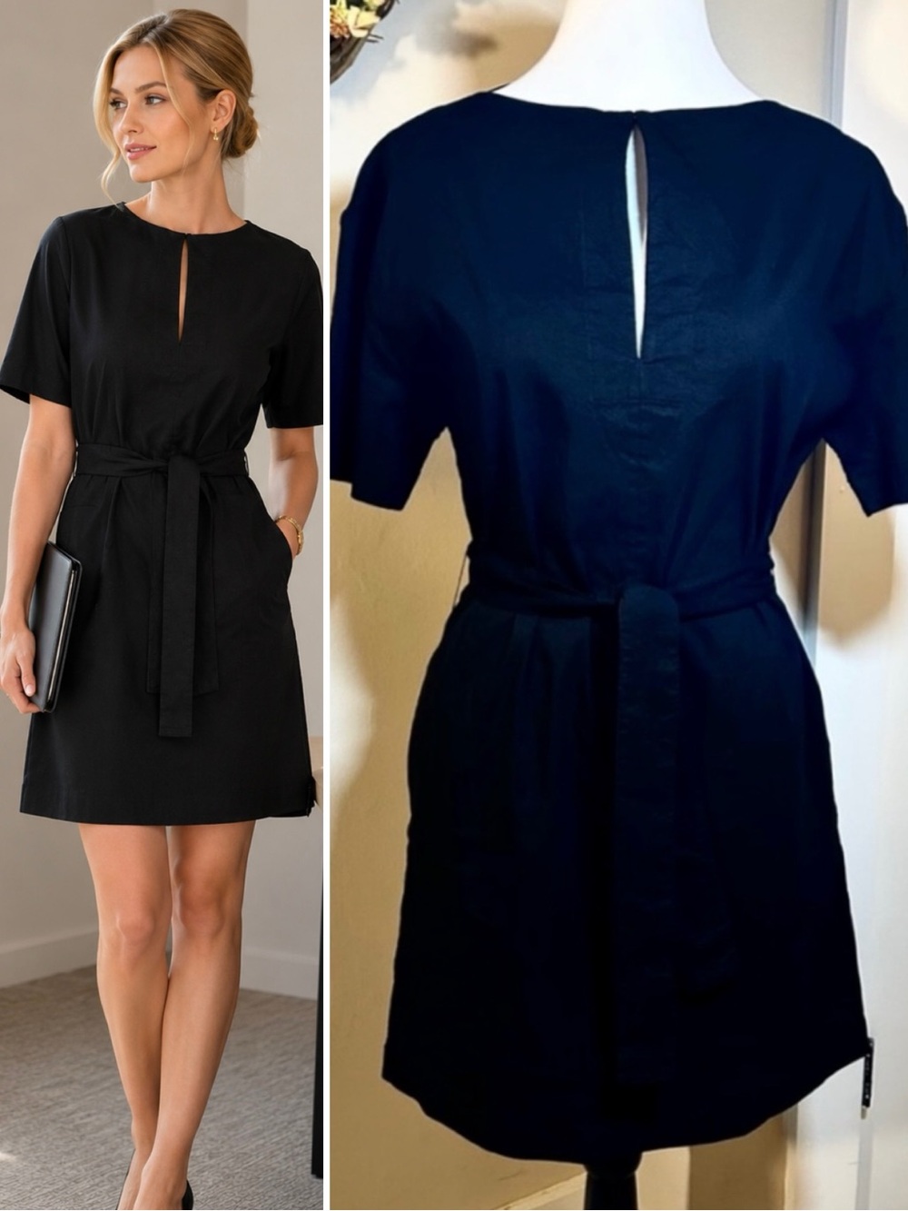 THEORY Organic Linen Blend  Keyhole Tie Waist Dress Black Pockets Sz 2💛
